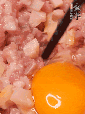 豬肉末、咸肉丁，分次加蔥姜水，一勺糖、一丟白胡椒，春筍丁，打入一個雞蛋